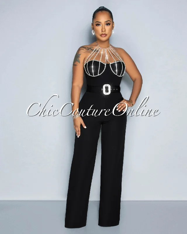 Easy Comfort Style Paula Black Rhinestones Neckline Silver Buckle Belt Jumpsuit