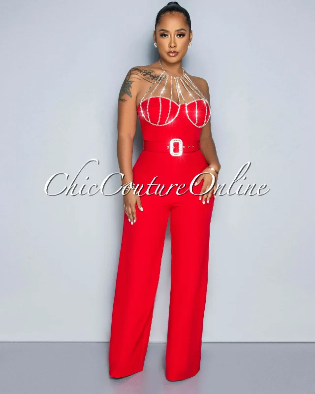 Fashionable Comfort Paula Red Rhinestones Neckline Silver Buckle Belt Jumpsuit