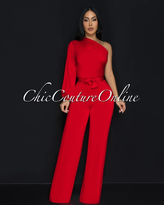 Exquisite Fabrics Pennia Red Single Long Sleeve Jumpsuit
