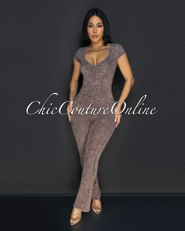 Fashionable Items Polina Mocha Acid Wash Jumpsuit
