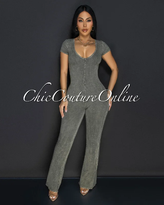 Fashionable And Versatile Polina Olive Green Acid Wash Jumpsuit