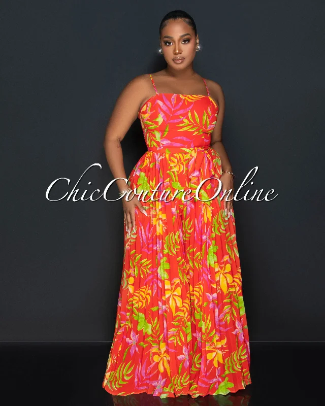 Urban Design Sense Adhara Orange Floral Print Spaghetti Strap Pleated Jumpsuit