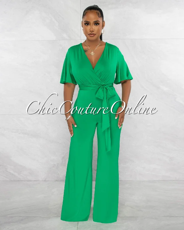 Classic Comfort Reilly Green V-Neck Self-Tie Belt Jumpsuit
