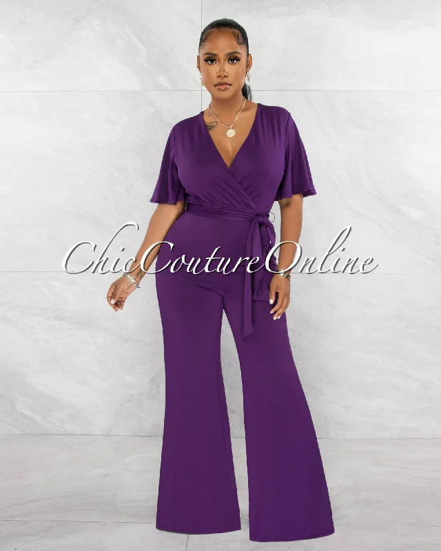 Eye-catching Personality Reilly Purple V-Neck Self-Tie Belt Jumpsuit