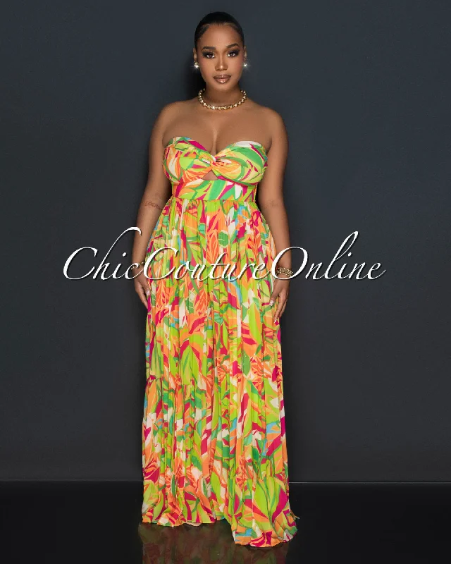 Trendy Traveler Rita Orange Green Print Bust Keyhole Pleated Jumpsuit