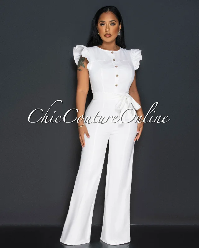 Urban Chic Ritza Off-White Ruffle Sleeves Denim Jumpsuit
