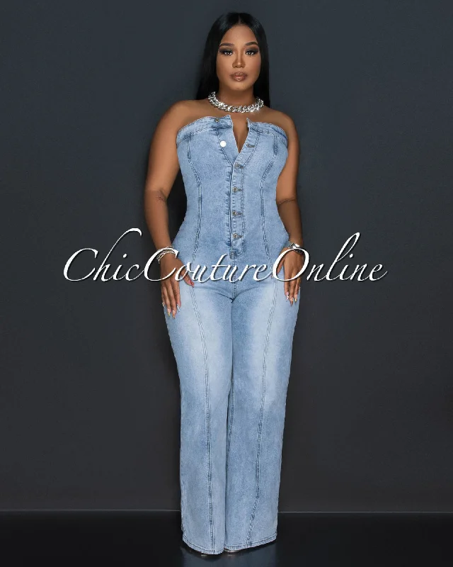 Dynamic Fashion Roselle Light Denim Buttoned Strapless Jumpsuit