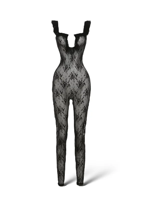 Sports Fashion Ruffle Strap Coquette Black Lace Jumpsuit