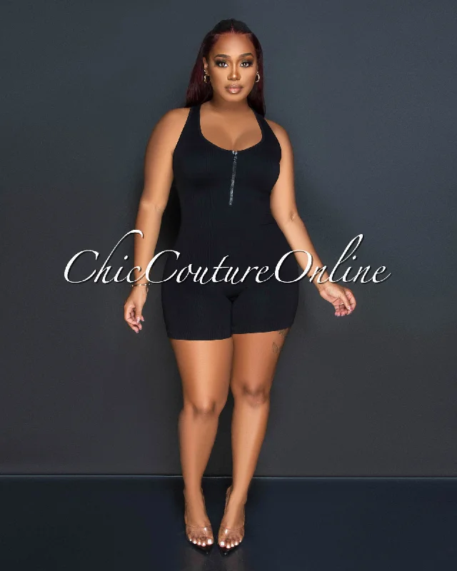 New Season Series Saira Black Ribbed Racer Back Body-Con Romper