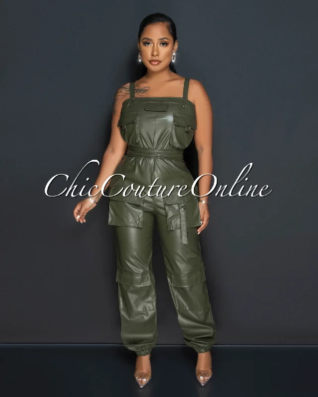 Sexy Fun Samuela Olive Green Vegan Leather Cargo Jogger Jumpsuit
