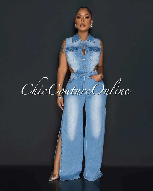 Basic Comfort Sharlene Light Denum Silver Snaps Cut-Out Jumpsuit