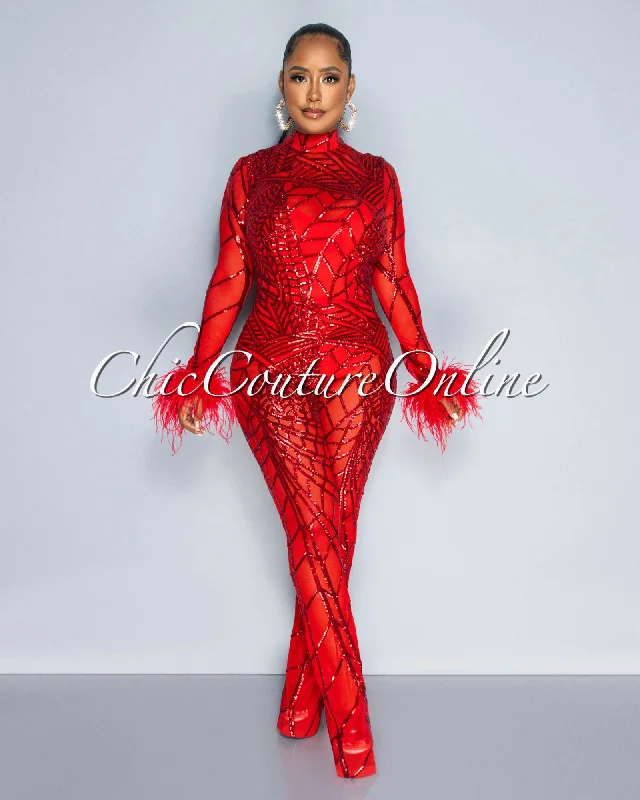 Hooded design Sierra Red Sequins Feather Cuffs Mesh Jumpsuit