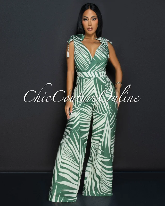 Fresh And Elegant Sitti Green Beige V Neck Wide Legs Jumpsuit