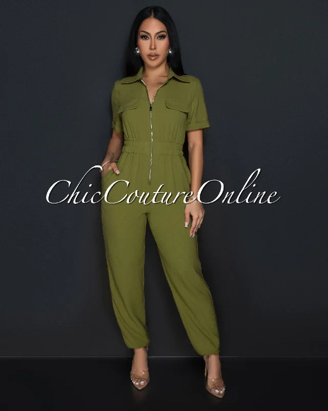 Cozy Sweaters Sumi Olive Green Utility Cargo Jumpsuit