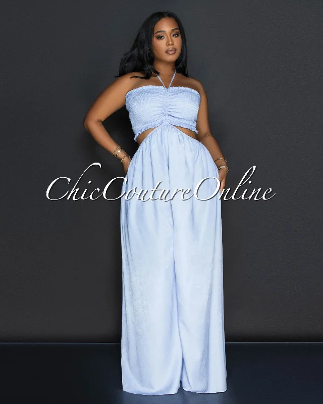 Stylish Comfort Taliah Light Blue Chambray Smocked Top Jumpsuit