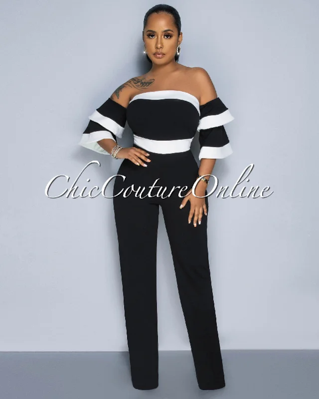 Relaxed Weekend Wear Tarima Black White Trim Ruffle Sleeves Jumpsuit