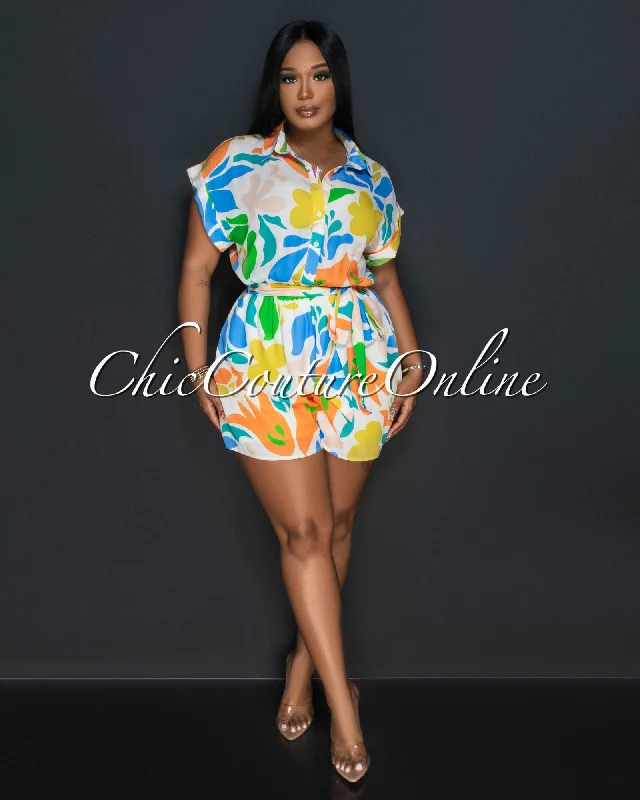 Comfortable Design Thena Cream Multi-Color Print Utility Romper