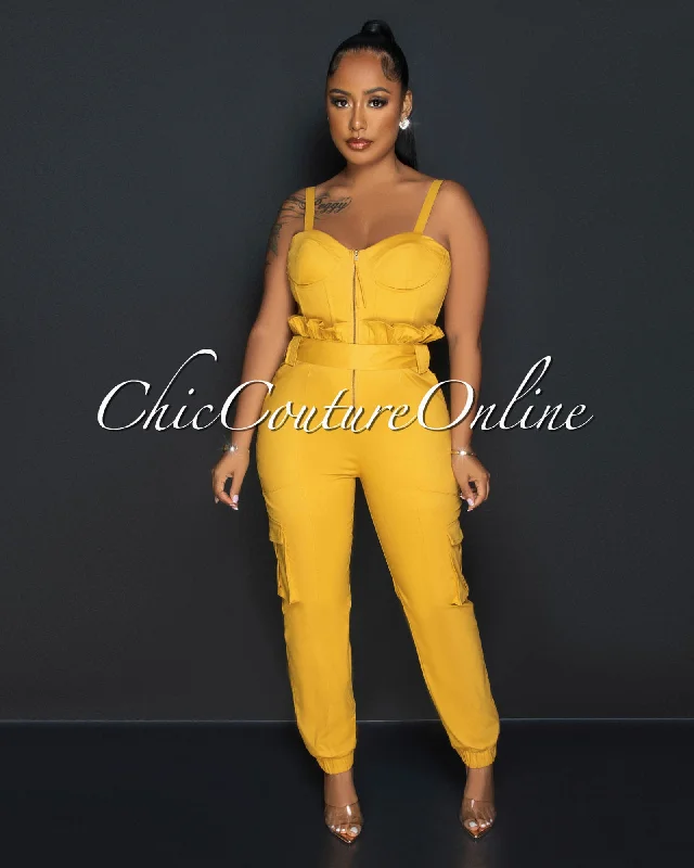 Lazy Style Vadda Mustard PaperBag Waistband Cargo Jumpsuit