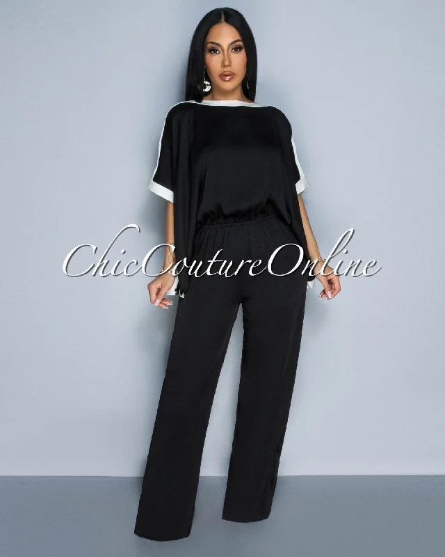Casual Chic Wear Vedette Black Off-White Wide Sleeves & Legs Jumpsuit