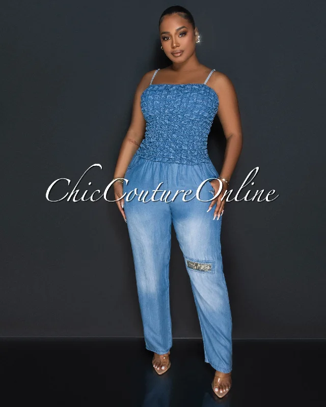 Simple Elegance Via Denim Spaghetti Strap Smocked Top Straight Legs Jumpsuit