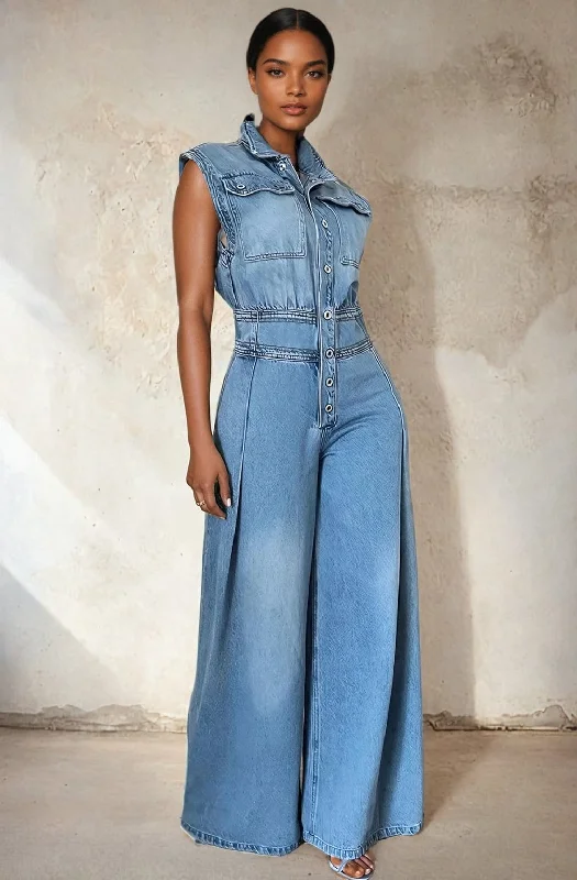 Thin Design Vintage Loose Denim Jumpsuit