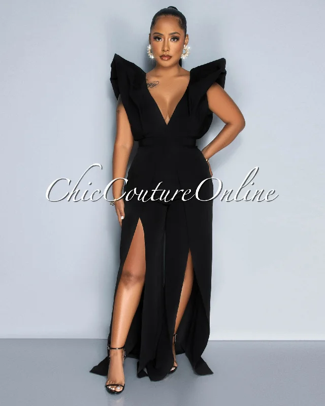 Simple Looks Vivien Black Statement Bubble Sleeves Jumpsuit