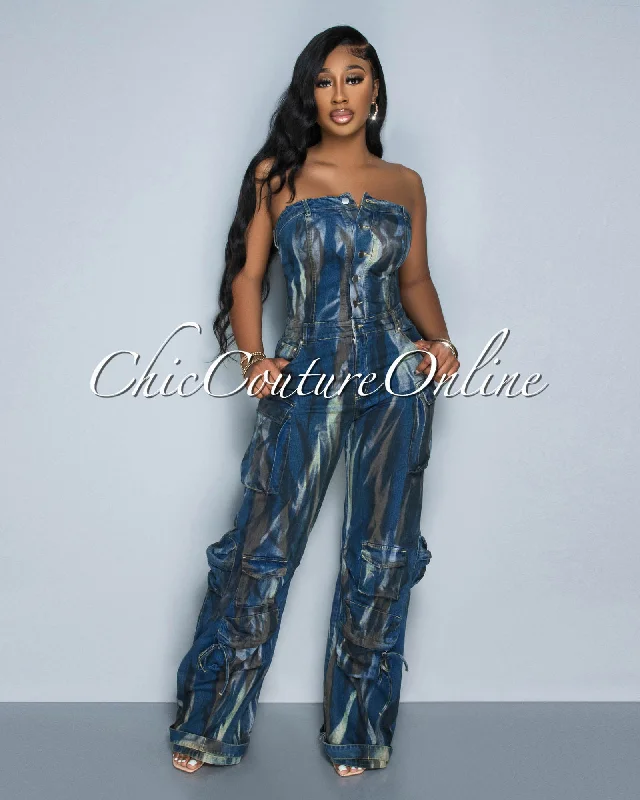 Cozy Fashion Whitney Dark Denim Strapless Cargo Tie-Dye Jumpsuit