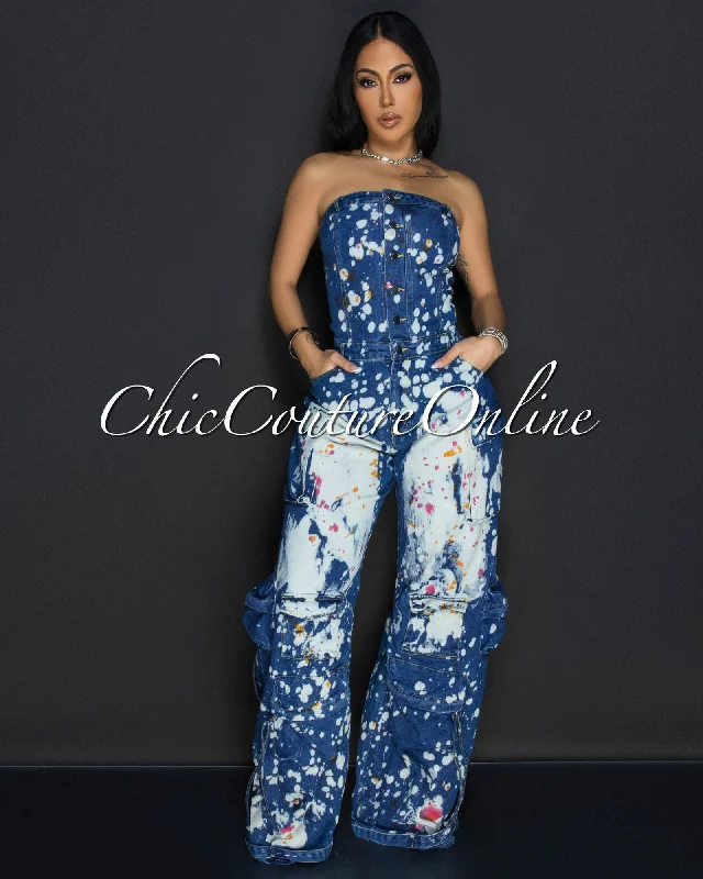 Fashionable In The Times Whitney Medium Denim Strapless Cargo Paint-Dye Jumpsuit