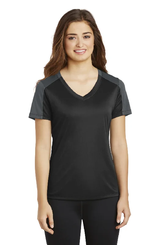 Comfortable Dresses Sport-Tek Womens Competitor Moisture Wicking Short Sleeve V-Neck T-Shirt - Black/Iron Grey - Closeout