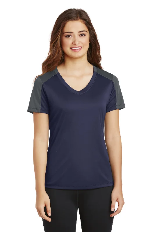 Breathable Comfort Sport-Tek Womens Competitor Moisture Wicking Short Sleeve V-Neck T-Shirt - Navy Blue/Iron Grey - Closeout