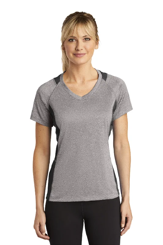 Youthful Style Sport-Tek Womens Contender Heather Moisture Wicking Short Sleeve V-Neck T-Shirt - Heather Vintage Grey/Black