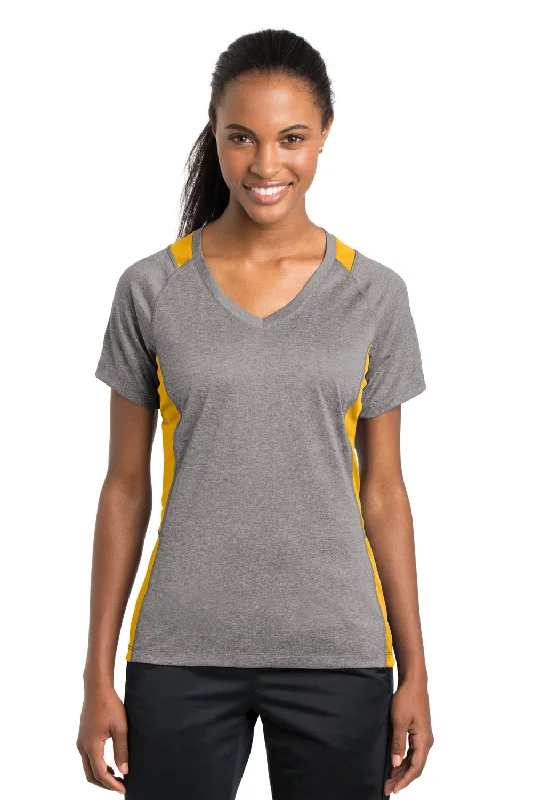 Exquisite Tailoring Sport-Tek Womens Contender Heather Moisture Wicking Short Sleeve V-Neck T-Shirt - Heather Vintage Grey/Gold - Closeout