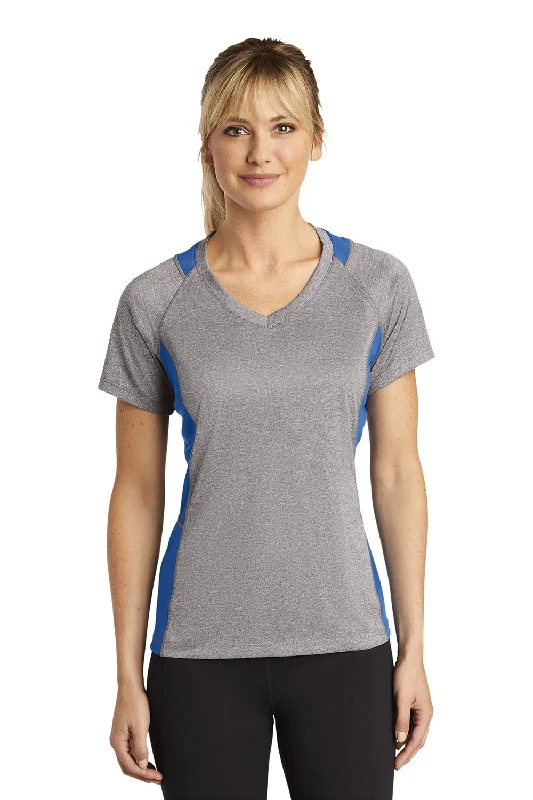Street Fashion Sport-Tek Womens Contender Heather Moisture Wicking Short Sleeve V-Neck T-Shirt - Heather Vintage Grey/True Royal Blue