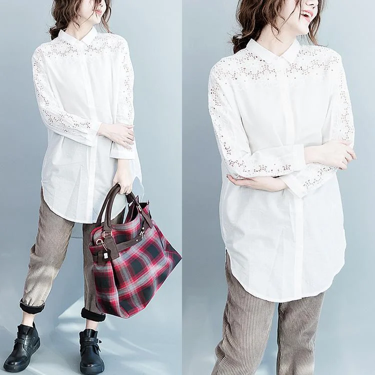 Relaxed Looks fall lace sleeve white cotton blouses womens plus size shirts