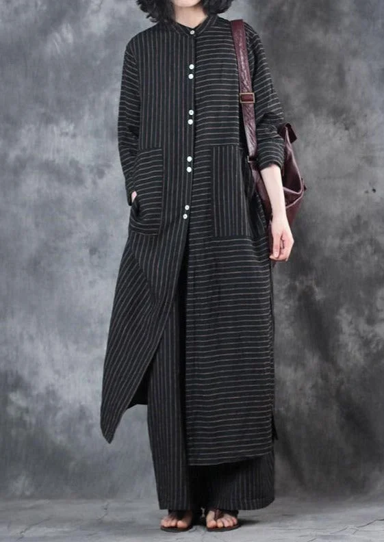 All-Day Wear 2022 Women Black Stand Collar Linen Long Shirt And Casual Wide Leg Pants Two Pieces