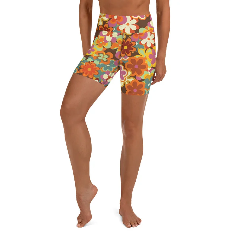Moisture wicking 70s Flower Pattern Yoga Shorts