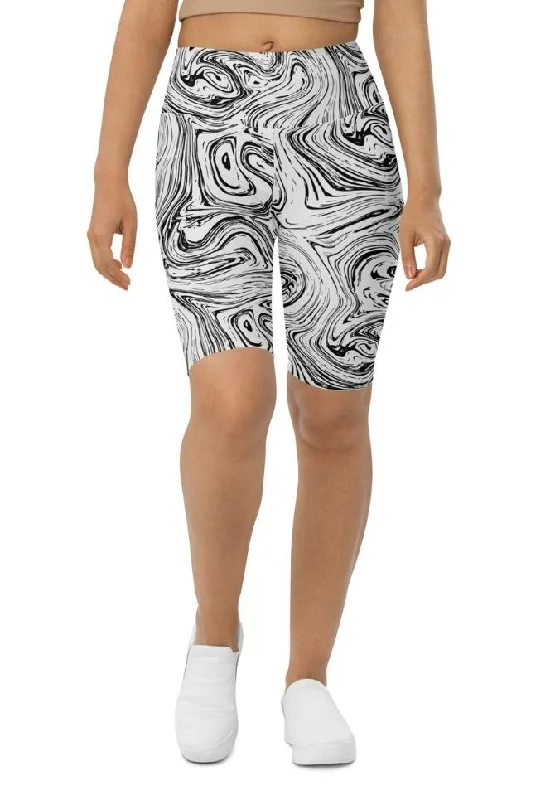 Floral Prints Black & White Marble Biker Shorts