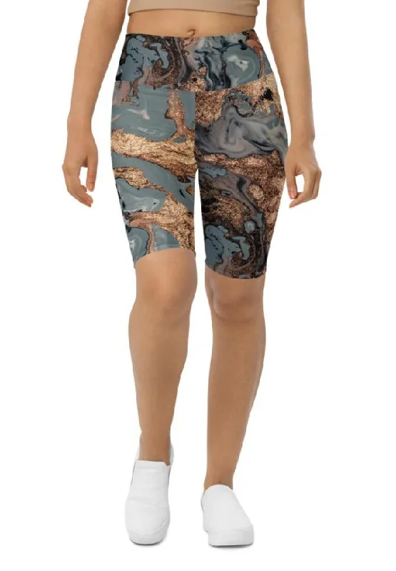 Ethnic Style Bronze Marble Print Biker Shorts