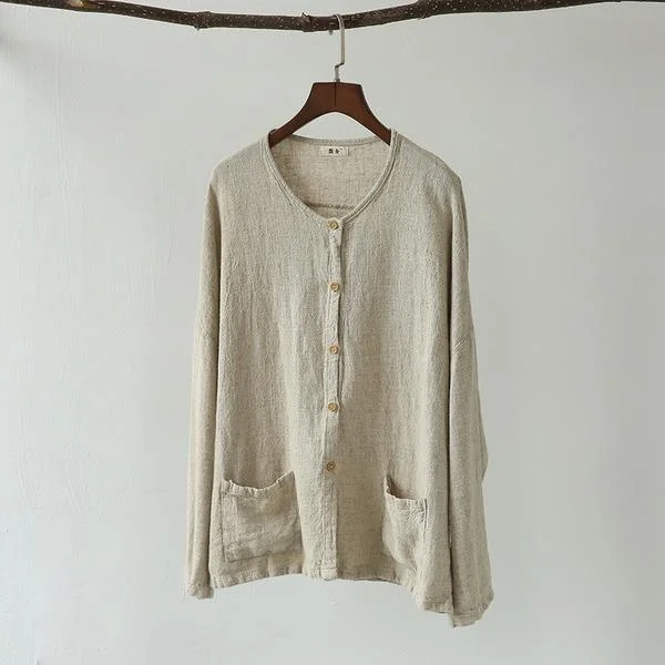Cozy Fashion Trends Casual Vintage Linen Women Clothes 2020 New Long Sleeve Button Pockets O-Neck Brief Loose