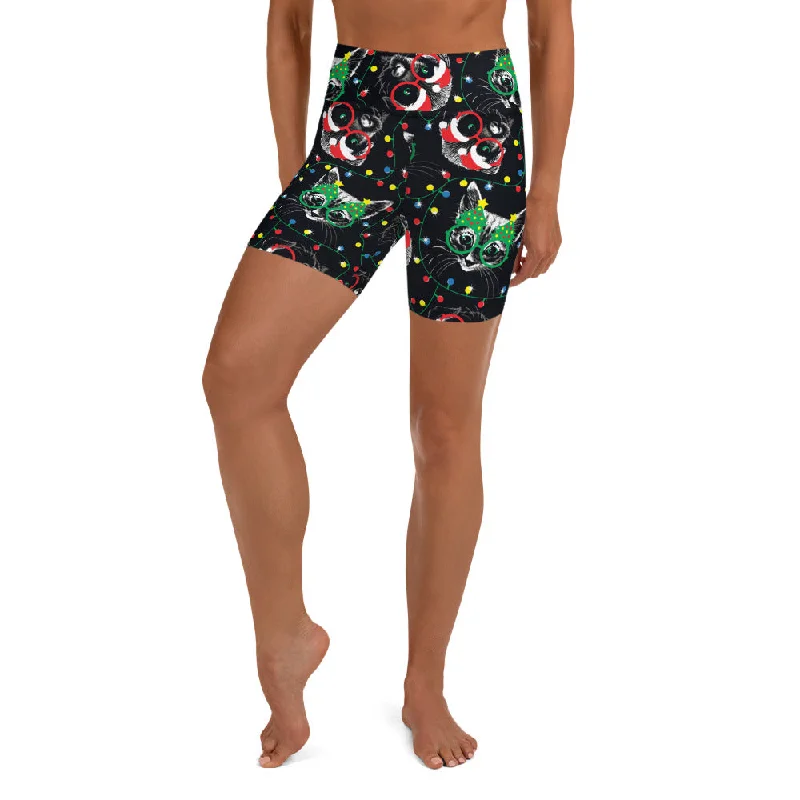 Sweet Girl Christmas Lights & Cats Yoga Shorts
