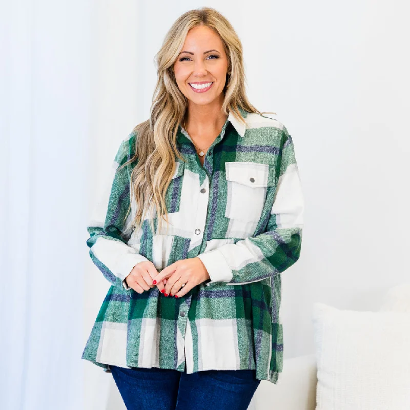 Personalized Wear Cozy Plaid Babydoll Shacket, Green