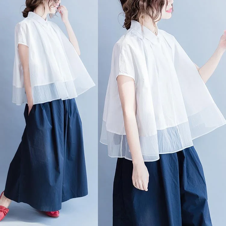 All-Day Style Cream Layered Patchwork Tent Blouse Unique Womens Plus Size Top Shirt