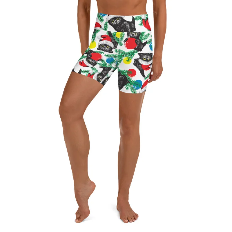 Simple Solid Color Cute Christmas Cat Yoga Shorts