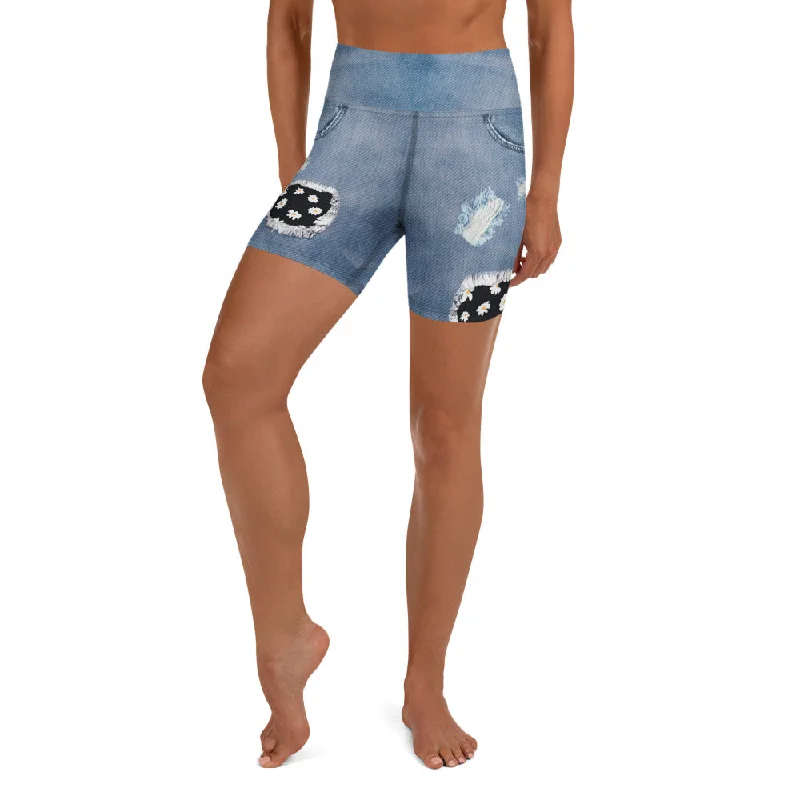 Advanced Design Daisy Denim Print Yoga Shorts