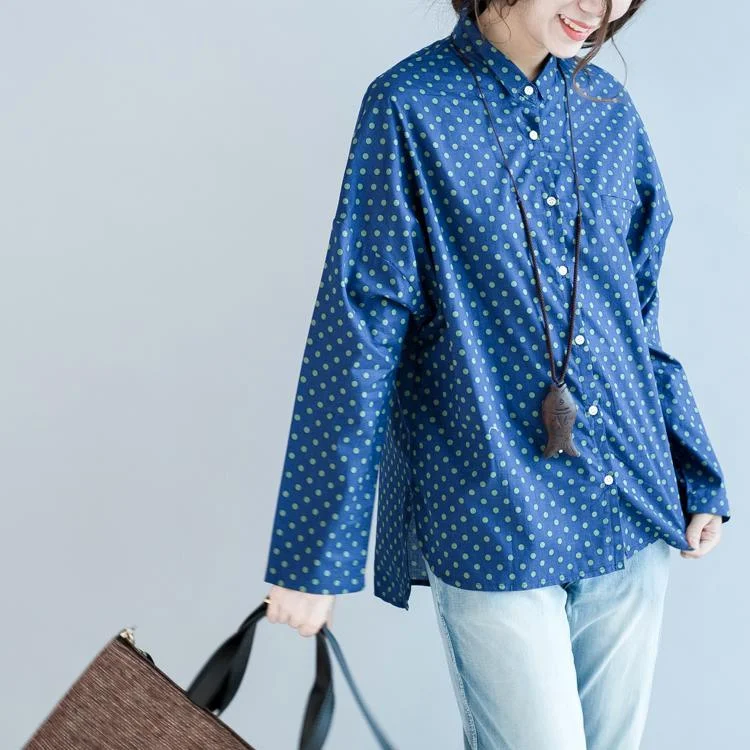 Comfortable Chic Dotted blue long sleeve cotton blouses plus size womens cotton top blouses