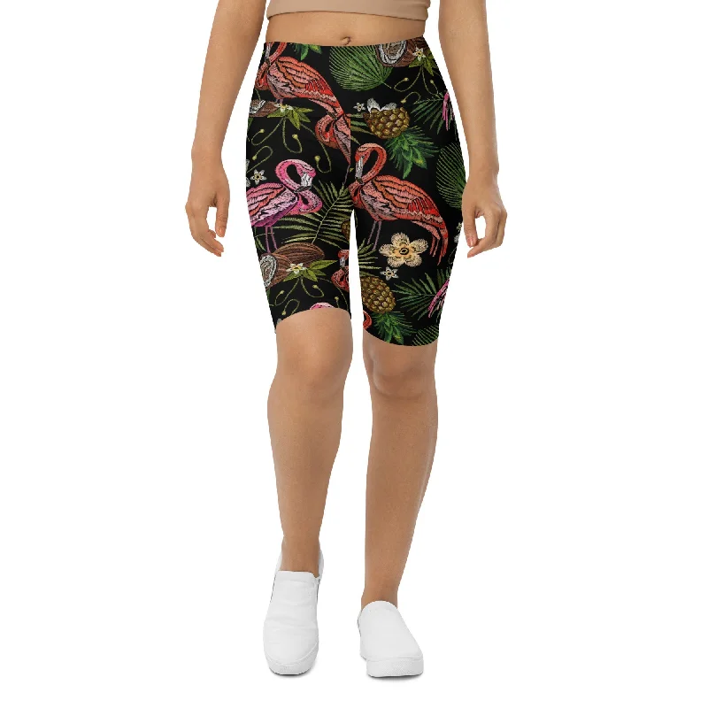 Cozy Fitting Embroidery Flamingo Biker Shorts