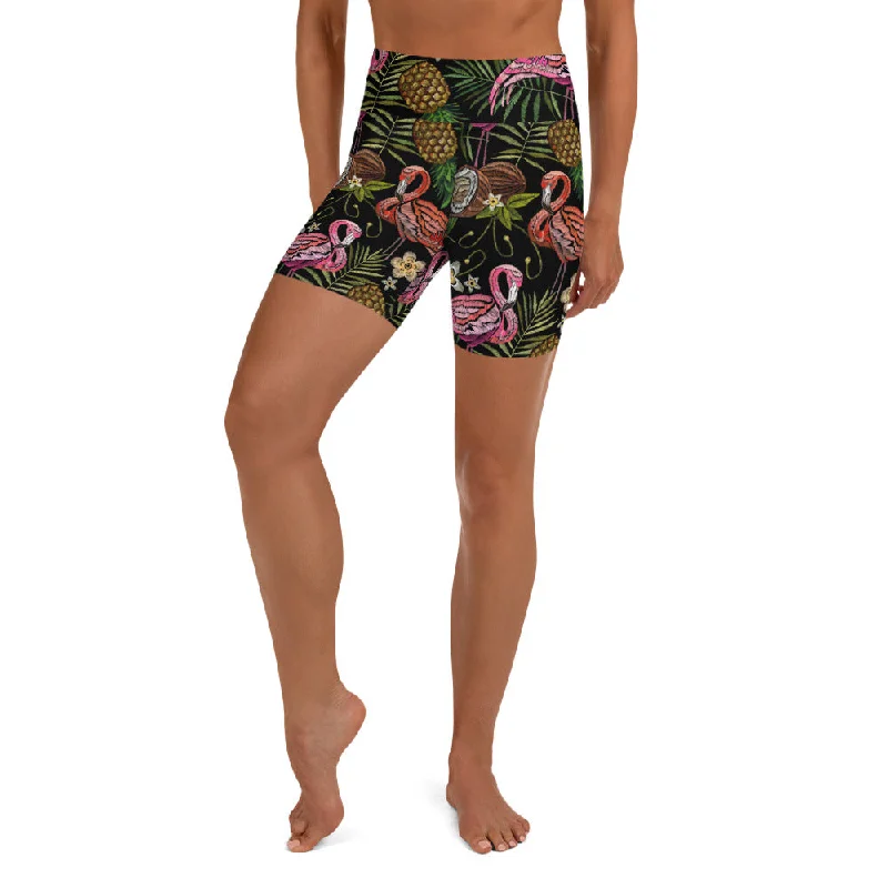 Versatile Outfits Embroidery Flamingo Yoga Shorts