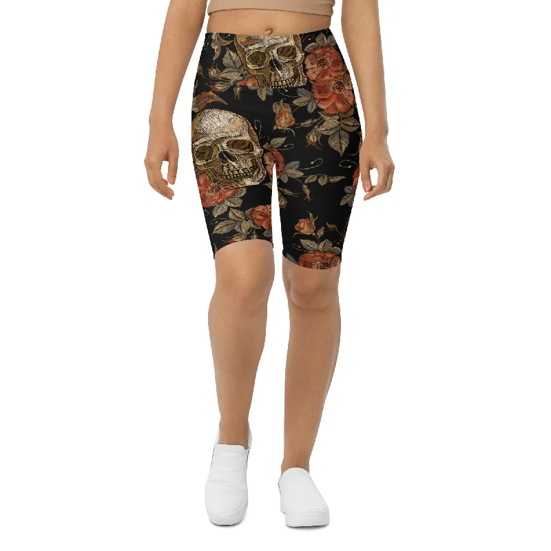 British Fashion Embroidery Print Skull Biker Shorts