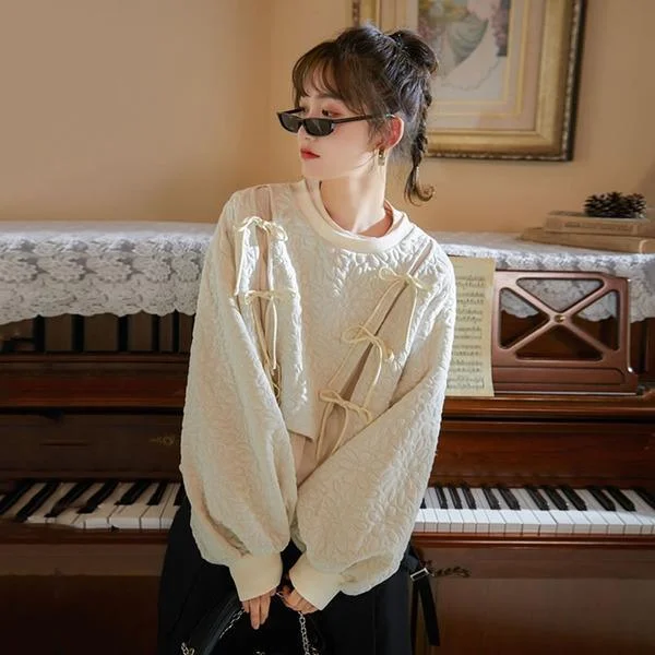 Elegant And Casual Fashion Bandage Bow Sweatshirt Solid Color Casual Women Winter t Long Sleeve Pullover