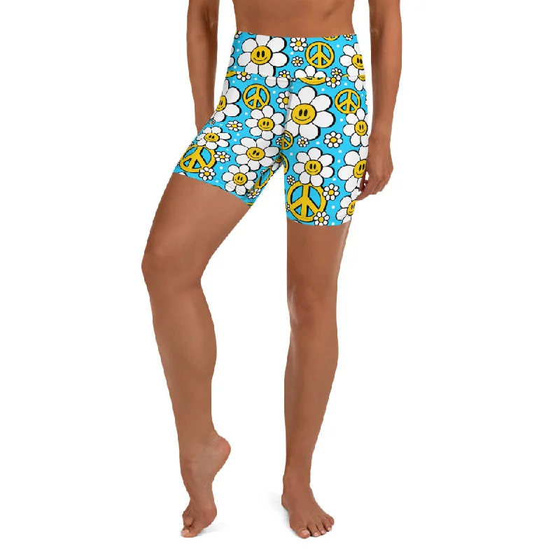 Relaxed Fit Wear Hippie Flower Pattern Yoga Shorts